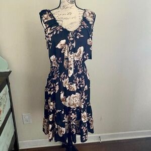 Lapis Black Floral Button Cinched Tiered Dress